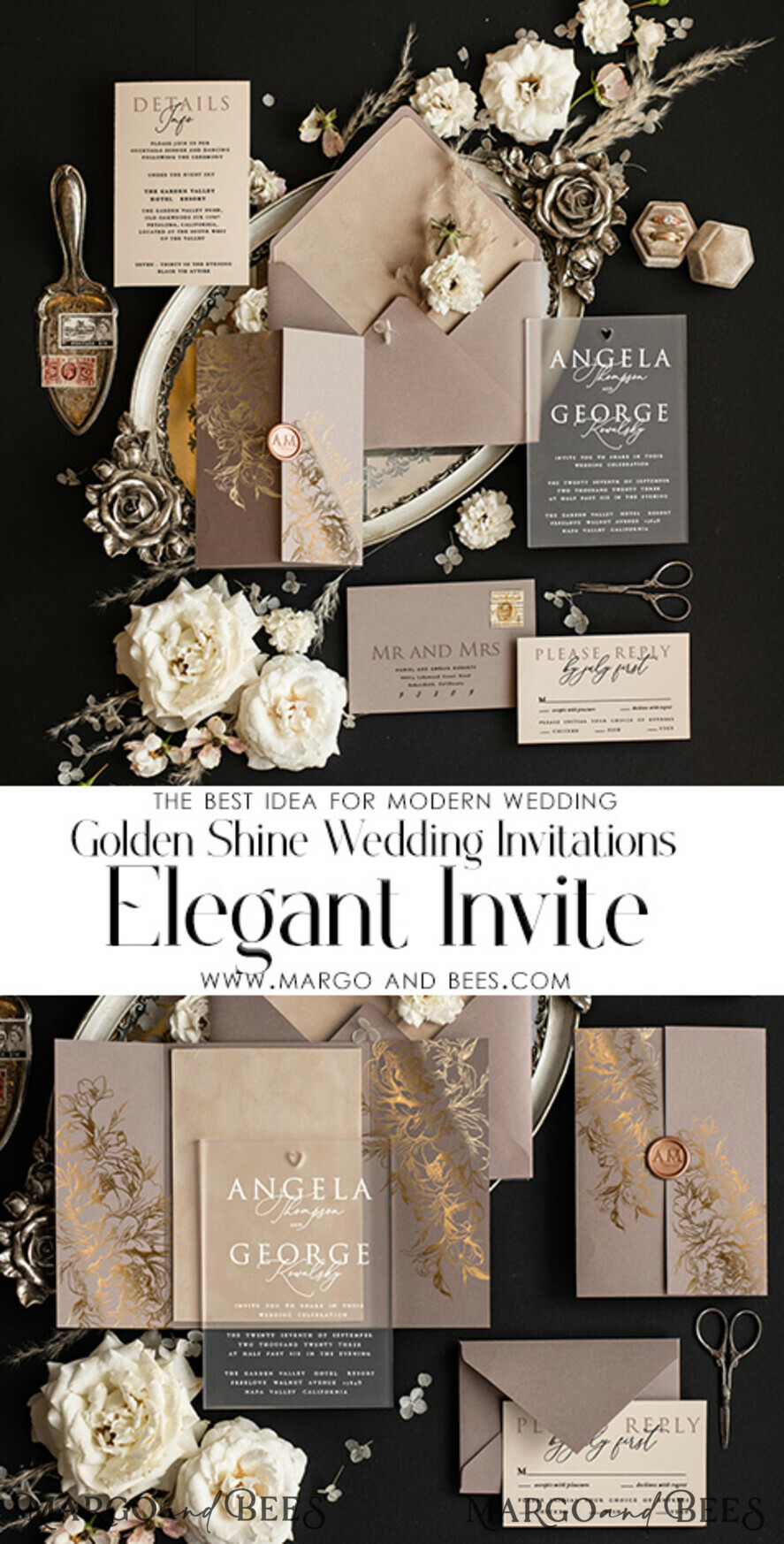 WEDDING INVITATIONS gold / rose gold / silver / glitter Luxury Golden Shine Wedding Invitations, Romantic Cappuccino Wedding Cards, Glamour Velvet Wedding Invites, Modern Gold Foil Wedding Stationery