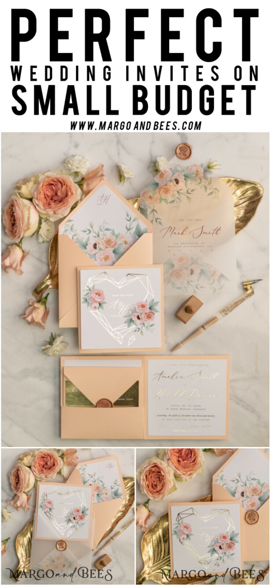 WEDDING INVITATIONS gold / rose gold / silver / glitter Luxory gold Wedding Invitations, Peach Roses Elegant Wedding Stationery, Floral Elegant Wedding Invitations Suite