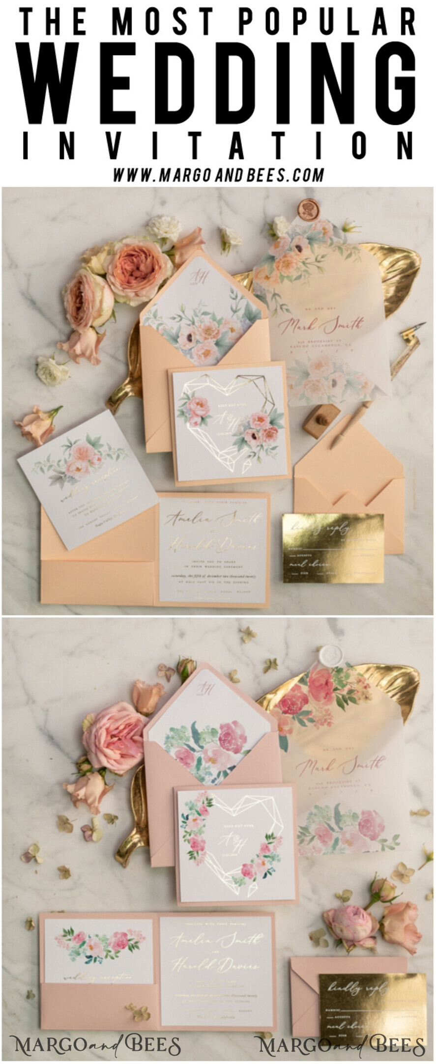 WEDDING INVITATIONS gold / rose gold / silver / glitter Luxory gold Wedding Invitations, Peach Roses Elegant Wedding Stationery, Floral Elegant Wedding Invitations Suite
