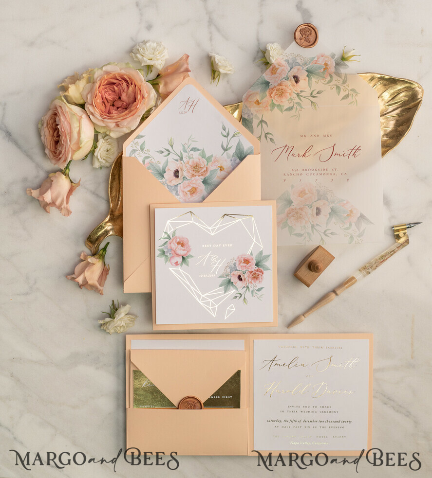 WEDDING INVITATIONS gold / rose gold / silver / glitter Luxory gold Wedding Invitations, Peach Roses Elegant Wedding Stationery, Floral Elegant Wedding Invitations Suite