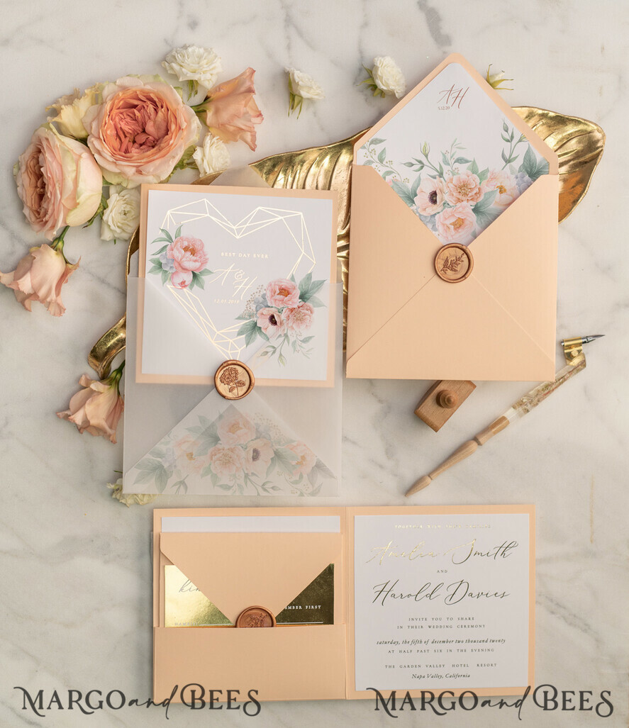 WEDDING INVITATIONS gold / rose gold / silver / glitter Luxory gold Wedding Invitations, Peach Roses Elegant Wedding Stationery, Floral Elegant Wedding Invitations Suite