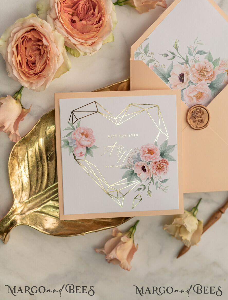 WEDDING INVITATIONS gold / rose gold / silver / glitter Luxory gold Wedding Invitations, Peach Roses Elegant Wedding Stationery, Floral Elegant Wedding Invitations Suite