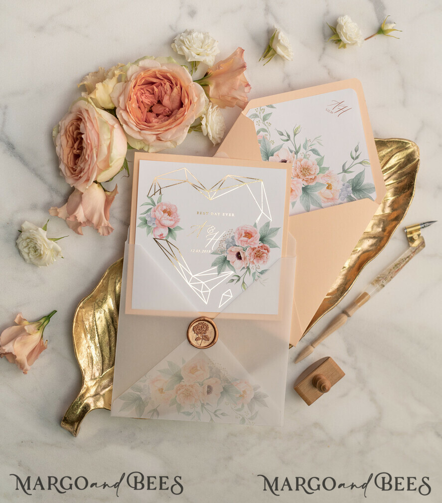 WEDDING INVITATIONS gold / rose gold / silver / glitter Luxory gold Wedding Invitations, Peach Roses Elegant Wedding Stationery, Floral Elegant Wedding Invitations Suite