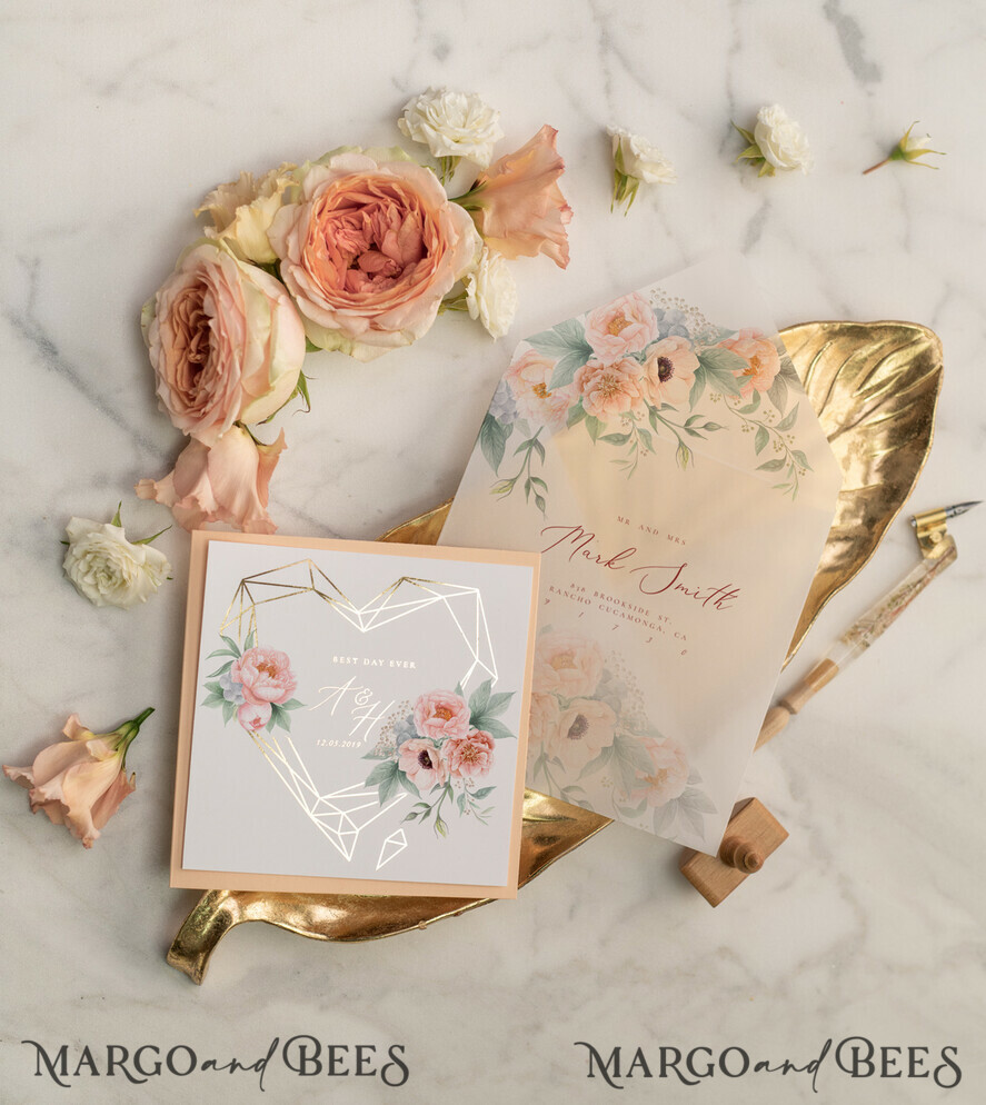 WEDDING INVITATIONS gold / rose gold / silver / glitter Luxory gold Wedding Invitations, Peach Roses Elegant Wedding Stationery, Floral Elegant Wedding Invitations Suite