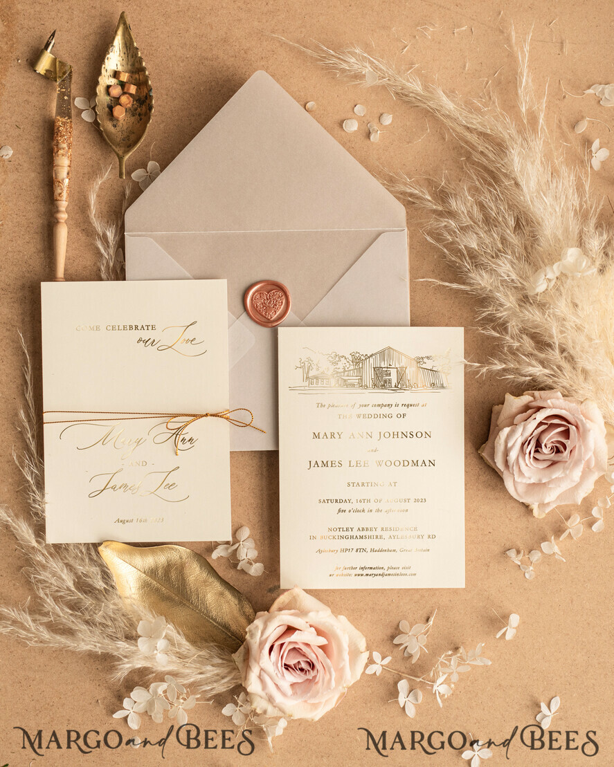 WEDDING INVITATIONS gold / rose gold / silver / glitter Luxury Bohemian Wedding Invitations, Customized Venue Sketch Wedding Cards, Elegant Nude Wedding Invitation Suite, Golden Shine Wedding Invites