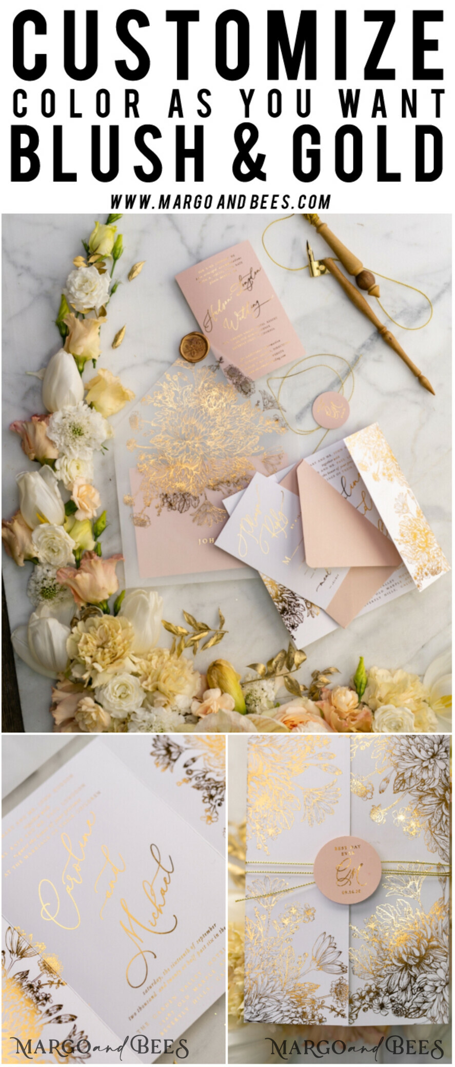 WEDDING INVITATIONS gold / rose gold / silver / glitter Luxury Arabic Golden Wedding Invitations, Glamour Gold Foil Wedding Invites, Romantic Blush Pink Wedding Cards, Bespoke Indian Wedding Stationery