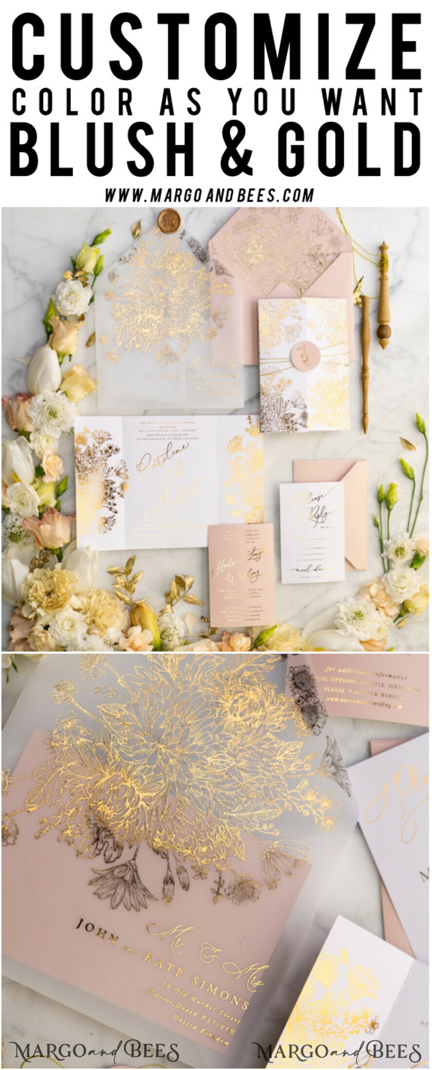 WEDDING INVITATIONS gold / rose gold / silver / glitter Luxury Arabic Golden Wedding Invitations, Glamour Gold Foil Wedding Invites, Romantic Blush Pink Wedding Cards, Bespoke Indian Wedding Stationery