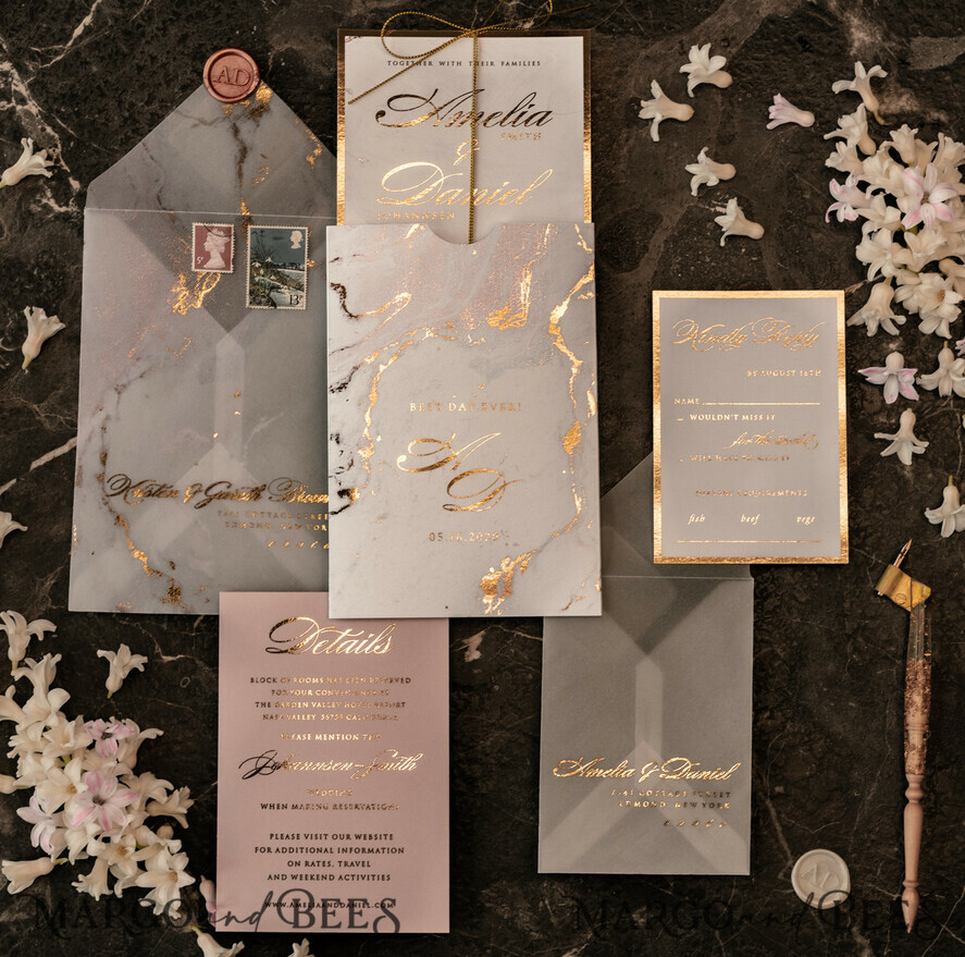 WEDDING INVITATIONS gold / rose gold / silver / glitter Luxury Gold Marble Wedding Invitations, Glamour Golden Shine Wedding Invites, Romantic Blush Pink Wedding Cards, Elegant Gold Foil Wedding Invitation Suite
