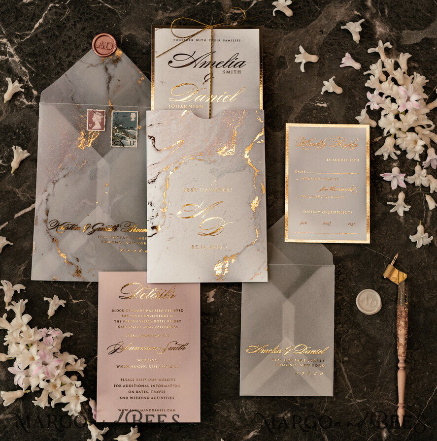 WEDDING INVITATIONS gold / rose gold / silver / glitter Luxury Gold Marble Wedding Invitations, Glamour Golden Shine Wedding Invites, Romantic Blush Pink Wedding Cards, Elegant Gold Foil Wedding Invitation Suite