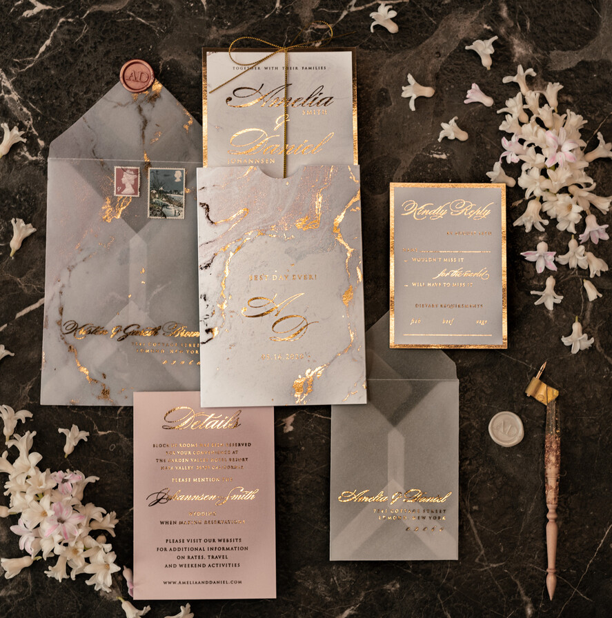 WEDDING INVITATIONS gold / rose gold / silver / glitter Luxury Gold Marble Wedding Invitations, Glamour Golden Shine Wedding Invites, Romantic Blush Pink Wedding Cards, Elegant Gold Foil Wedding Invitation Suite