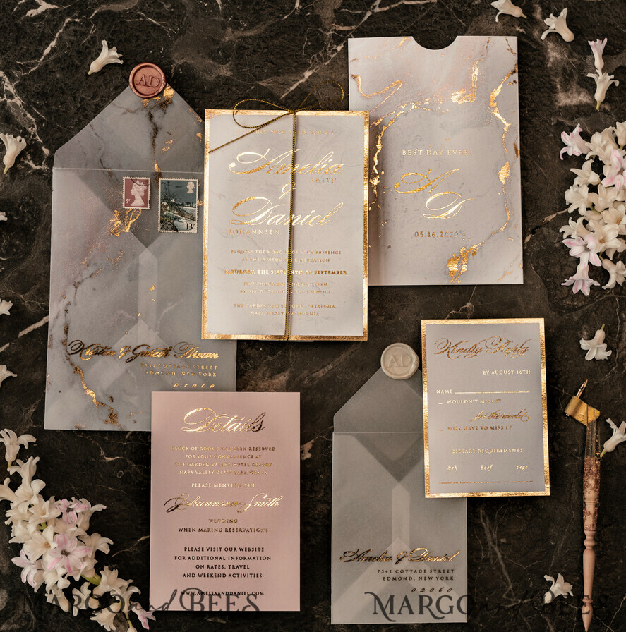 WEDDING INVITATIONS gold / rose gold / silver / glitter Luxury Gold Marble Wedding Invitations, Glamour Golden Shine Wedding Invites, Romantic Blush Pink Wedding Cards, Elegant Gold Foil Wedding Invitation Suite