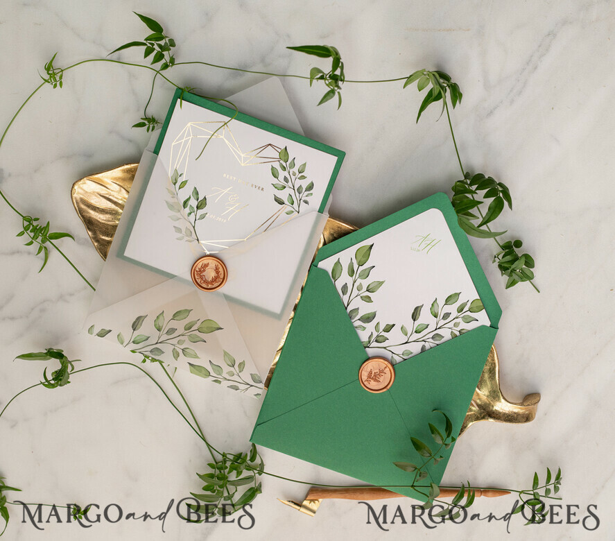 WEDDING INVITATIONS gold / rose gold / silver / glitter Luxury Gold Foil Wedding Invitations, Glamour Greenery Gold Wedding Invites, Elegant Pocketfold Wedding Cards, Geometric Vellum Wedding Invitation Suite