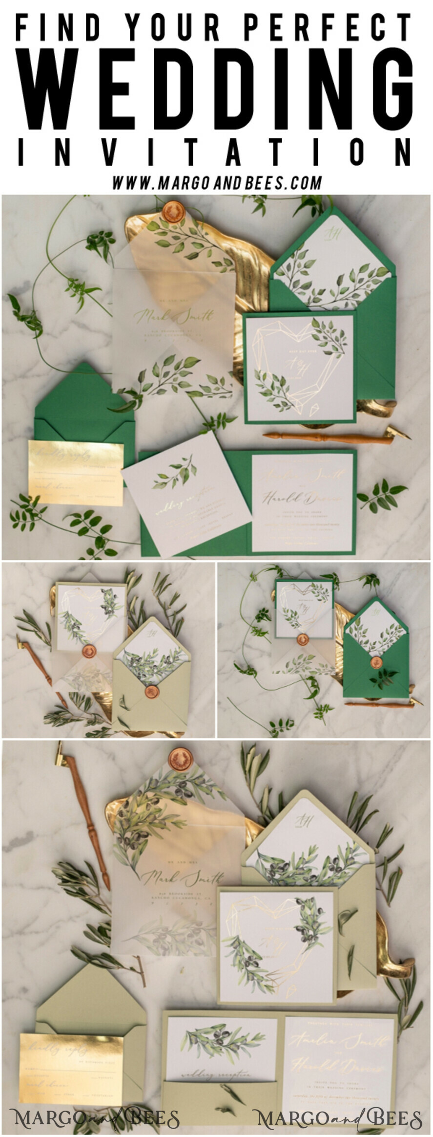 WEDDING INVITATIONS gold / rose gold / silver / glitter Luxury Gold Foil Wedding Invitations, Glamour Greenery Gold Wedding Invites, Elegant Pocketfold Wedding Cards, Geometric Vellum Wedding Invitation Suite