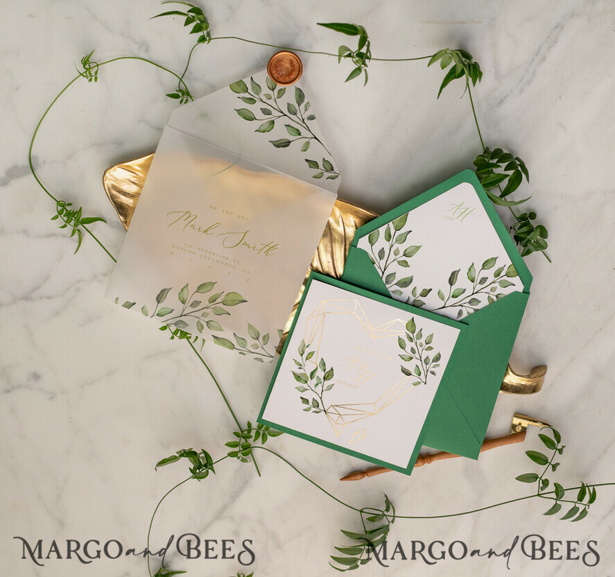 WEDDING INVITATIONS gold / rose gold / silver / glitter Luxury Gold Foil Wedding Invitations, Glamour Greenery Gold Wedding Invites, Elegant Pocketfold Wedding Cards, Geometric Vellum Wedding Invitation Suite
