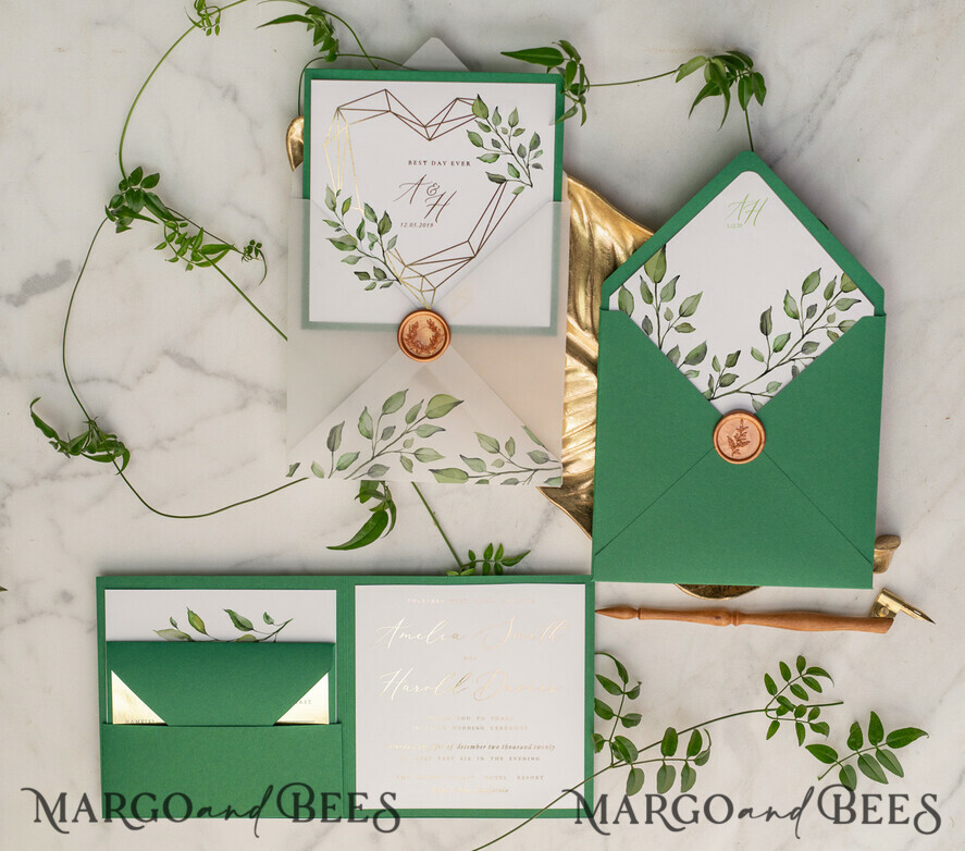 WEDDING INVITATIONS gold / rose gold / silver / glitter Luxury Gold Foil Wedding Invitations, Glamour Greenery Gold Wedding Invites, Elegant Pocketfold Wedding Cards, Geometric Vellum Wedding Invitation Suite
