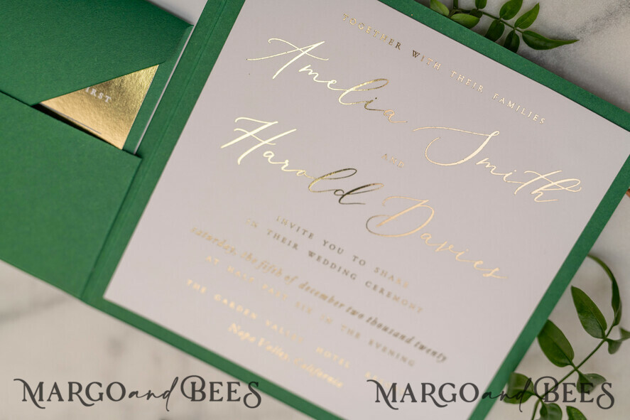 WEDDING INVITATIONS gold / rose gold / silver / glitter Luxury Gold Foil Wedding Invitations, Glamour Greenery Gold Wedding Invites, Elegant Pocketfold Wedding Cards, Geometric Vellum Wedding Invitation Suite