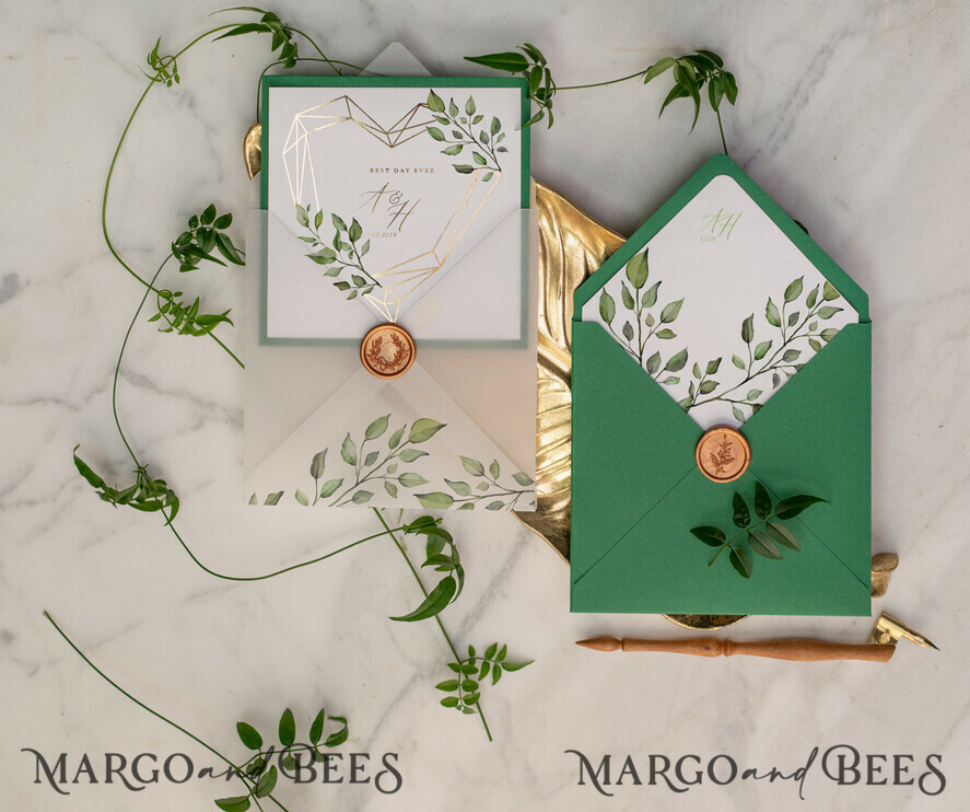 WEDDING INVITATIONS gold / rose gold / silver / glitter Luxury Gold Foil Wedding Invitations, Glamour Greenery Gold Wedding Invites, Elegant Pocketfold Wedding Cards, Geometric Vellum Wedding Invitation Suite