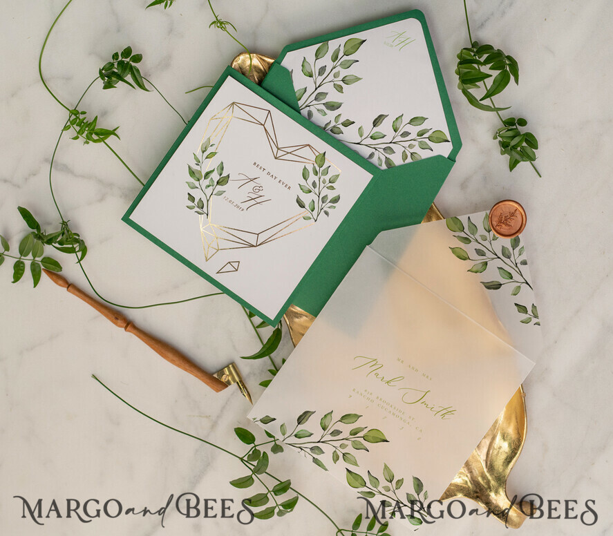 WEDDING INVITATIONS gold / rose gold / silver / glitter Luxury Gold Foil Wedding Invitations, Glamour Greenery Gold Wedding Invites, Elegant Pocketfold Wedding Cards, Geometric Vellum Wedding Invitation Suite