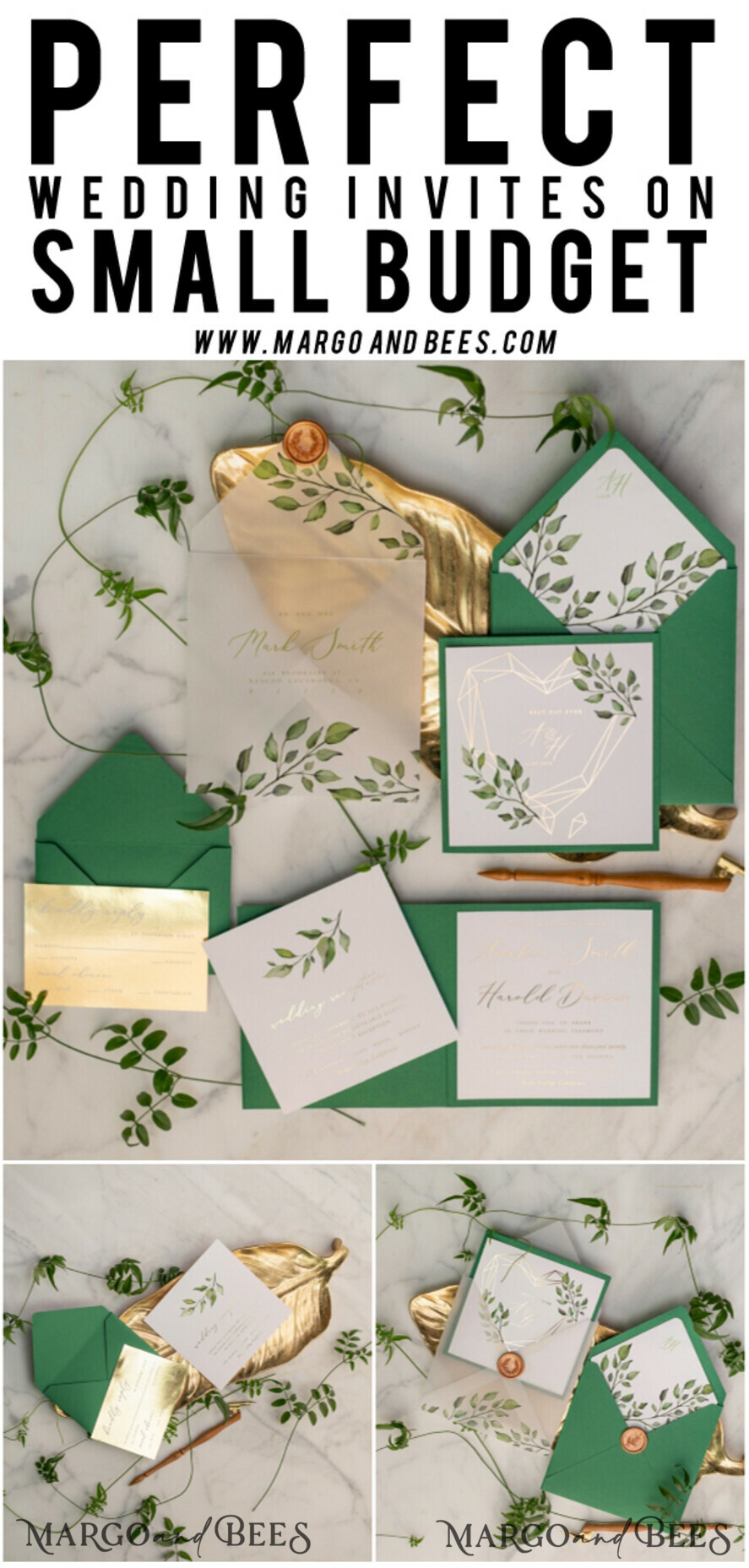 WEDDING INVITATIONS gold / rose gold / silver / glitter Luxury Gold Foil Wedding Invitations, Glamour Greenery Gold Wedding Invites, Elegant Pocketfold Wedding Cards, Geometric Vellum Wedding Invitation Suite