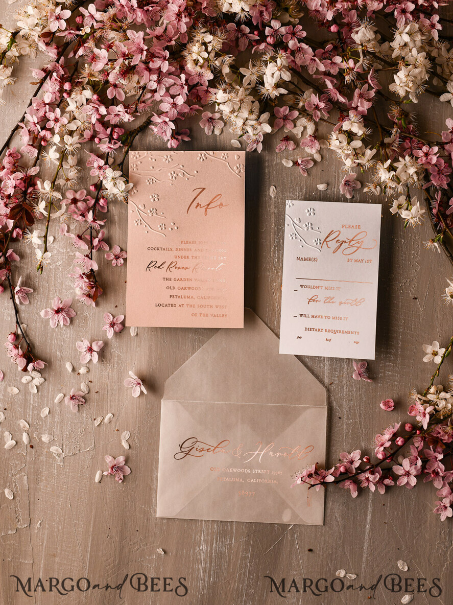 WEDDING INVITATIONS gold / rose gold / silver / glitter Rose Gold Embossed wedding invitation Suite, elegant embossed flowers Rose Gold Wedding Invites, Blush Pink Envelope Wedding Crads