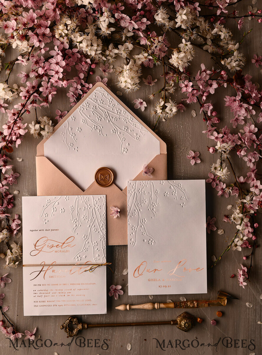 WEDDING INVITATIONS gold / rose gold / silver / glitter Rose Gold Embossed wedding invitation Suite, elegant embossed flowers Rose Gold Wedding Invites, Blush Pink Envelope Wedding Crads