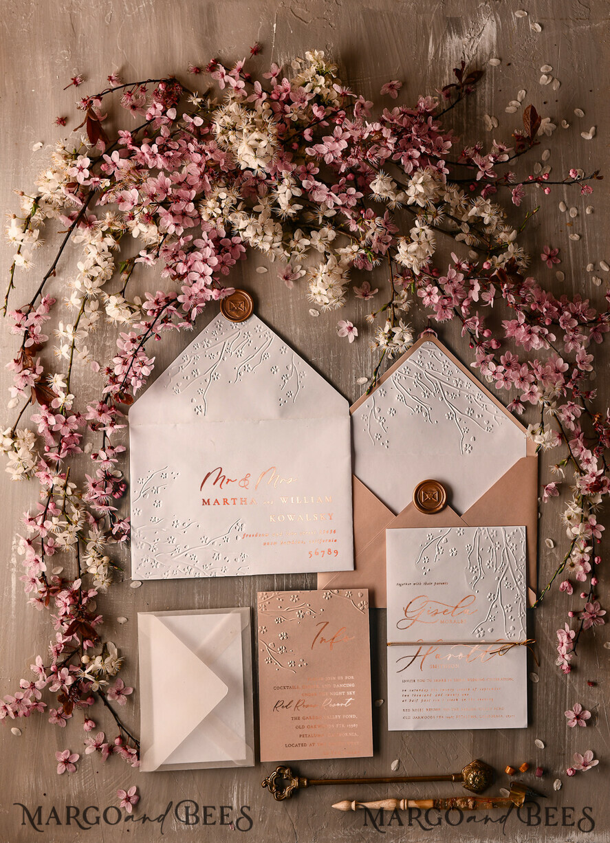WEDDING INVITATIONS gold / rose gold / silver / glitter Rose Gold Embossed wedding invitation Suite, elegant embossed flowers Rose Gold Wedding Invites, Blush Pink Envelope Wedding Crads