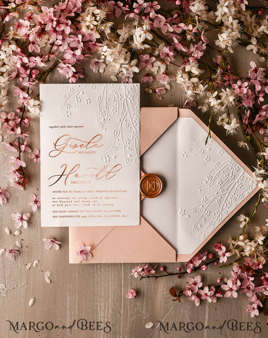 WEDDING INVITATIONS gold / rose gold / silver / glitter Rose Gold Embossed wedding invitation Suite, elegant embossed flowers Rose Gold Wedding Invites, Blush Pink Envelope Wedding Crads