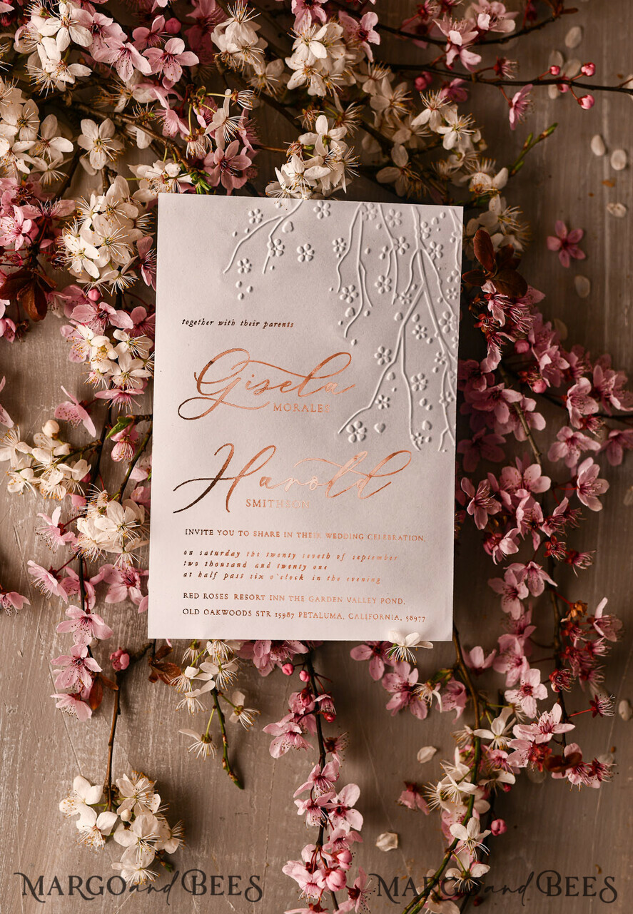 WEDDING INVITATIONS gold / rose gold / silver / glitter Rose Gold Embossed wedding invitation Suite, elegant embossed flowers Rose Gold Wedding Invites, Blush Pink Envelope Wedding Crads