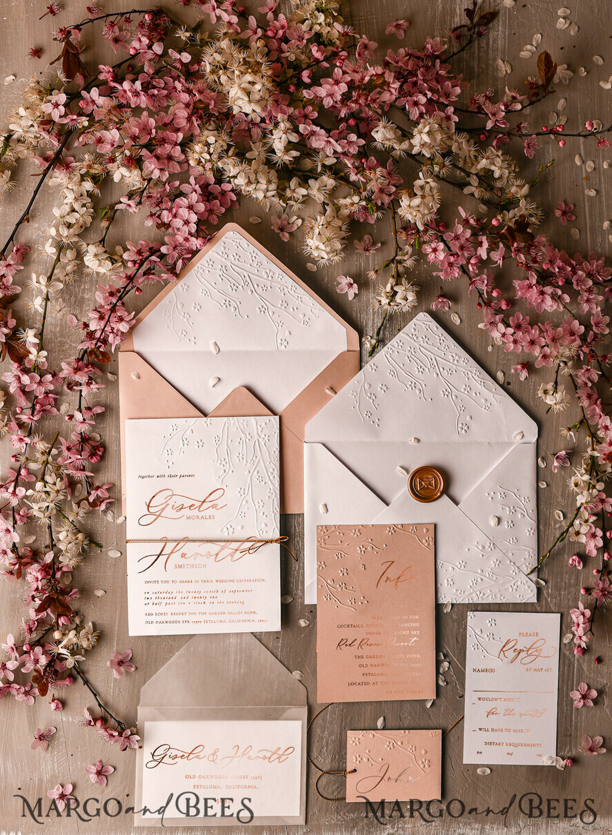 WEDDING INVITATIONS gold / rose gold / silver / glitter Rose Gold Embossed wedding invitation Suite, elegant embossed flowers Rose Gold Wedding Invites, Blush Pink Envelope Wedding Crads