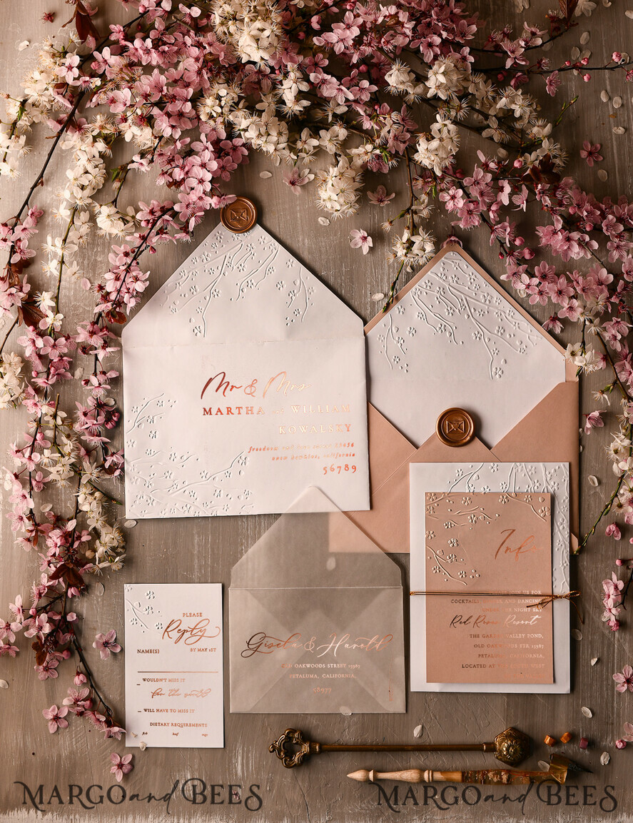 WEDDING INVITATIONS gold / rose gold / silver / glitter Rose Gold Embossed wedding invitation Suite, elegant embossed flowers Rose Gold Wedding Invites, Blush Pink Envelope Wedding Crads