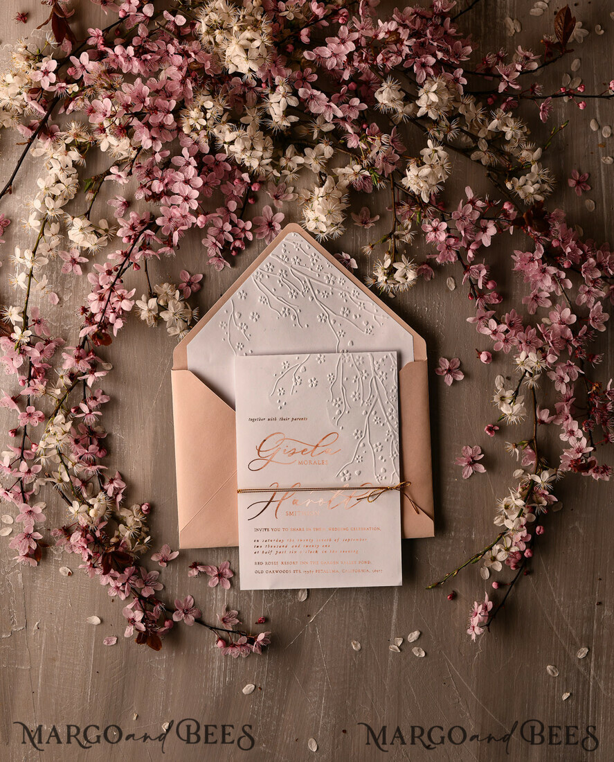 WEDDING INVITATIONS gold / rose gold / silver / glitter Rose Gold Embossed wedding invitation Suite, elegant embossed flowers Rose Gold Wedding Invites, Blush Pink Envelope Wedding Crads