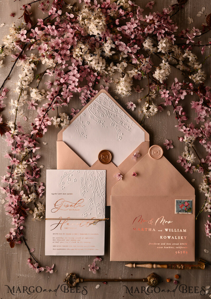 WEDDING INVITATIONS gold / rose gold / silver / glitter Rose Gold Embossed wedding invitation Suite, elegant embossed flowers Rose Gold Wedding Invites, Blush Pink Envelope Wedding Crads