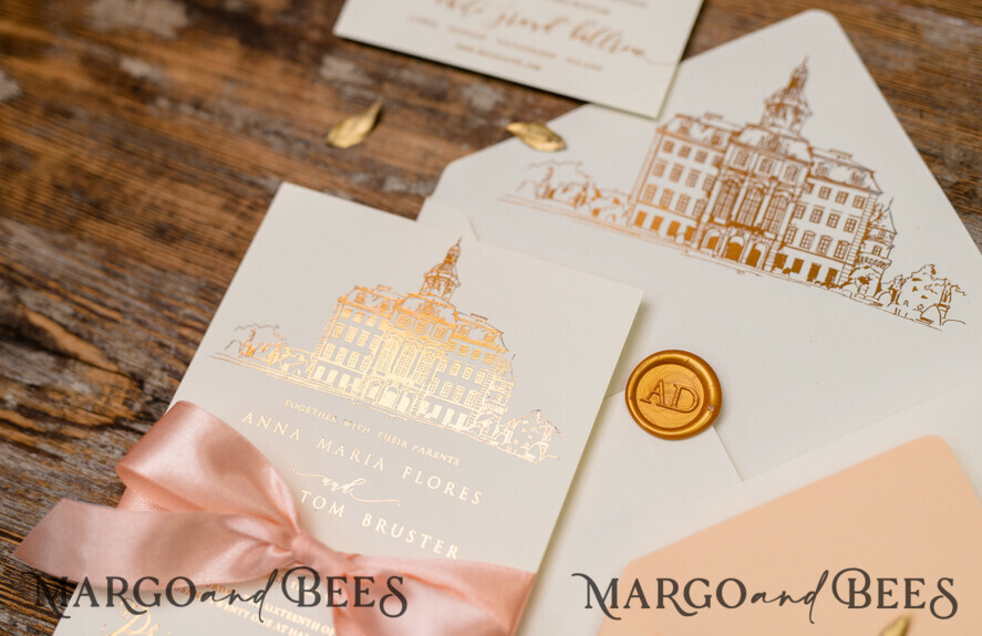 WEDDING INVITATIONS gold / rose gold / silver / glitter Wedding invitations handmade sketch with your venue
