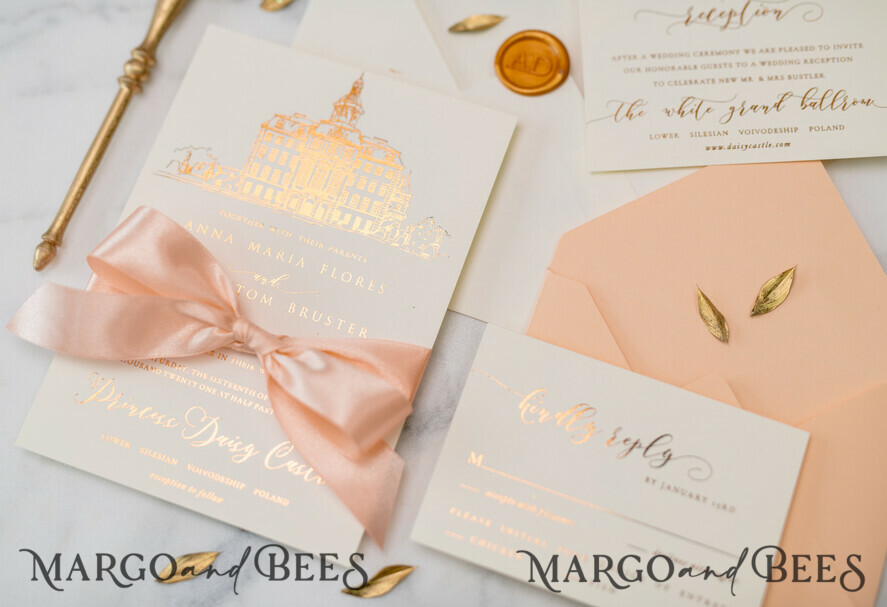 WEDDING INVITATIONS gold / rose gold / silver / glitter Wedding invitations handmade sketch with your venue