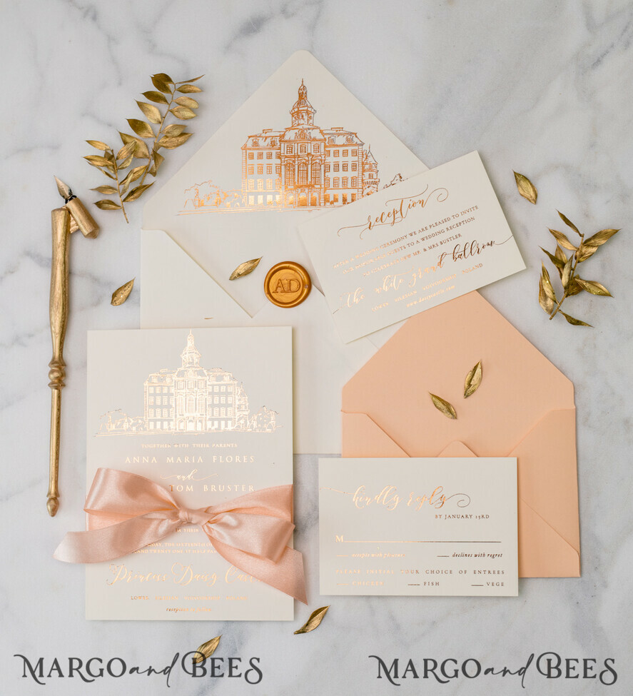 WEDDING INVITATIONS gold / rose gold / silver / glitter Wedding invitations handmade sketch with your venue