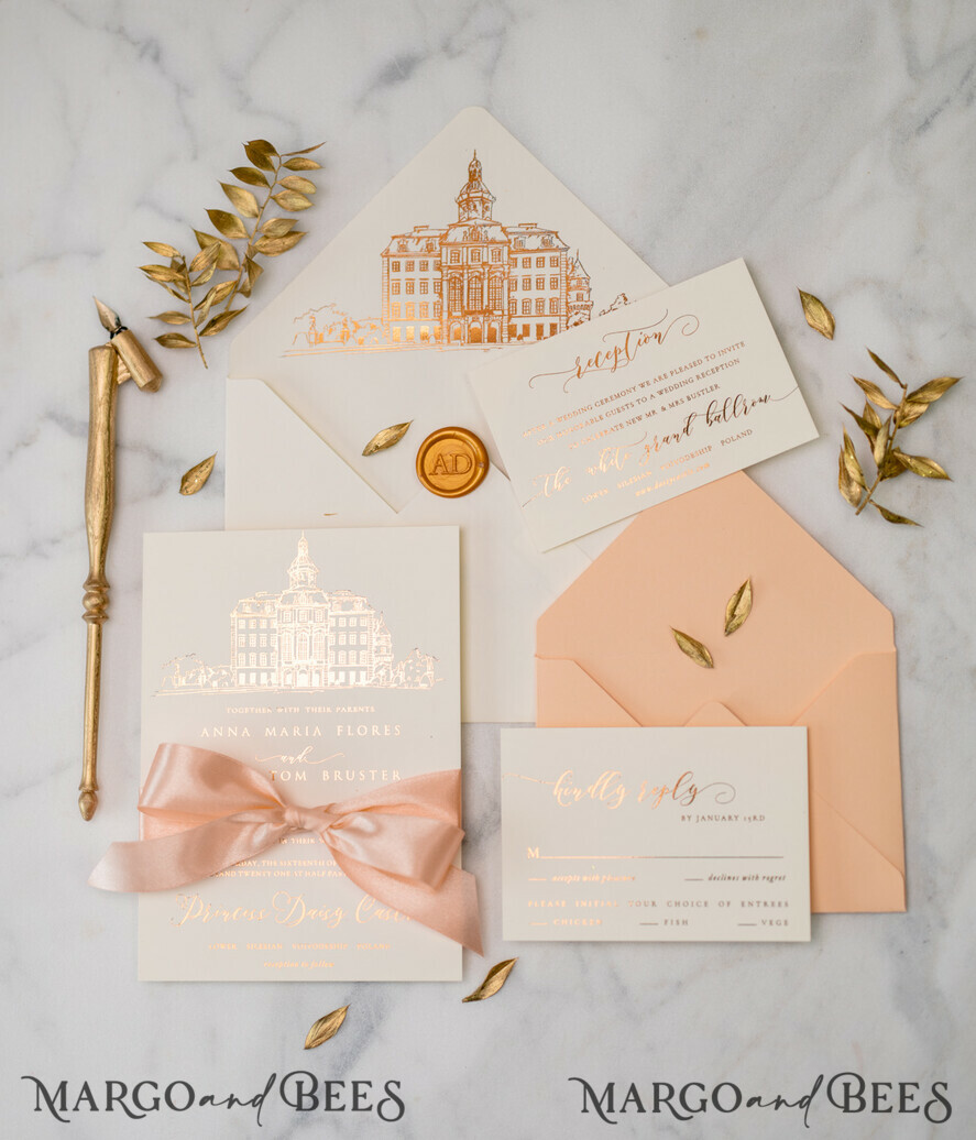 WEDDING INVITATIONS gold / rose gold / silver / glitter Wedding invitations handmade sketch with your venue