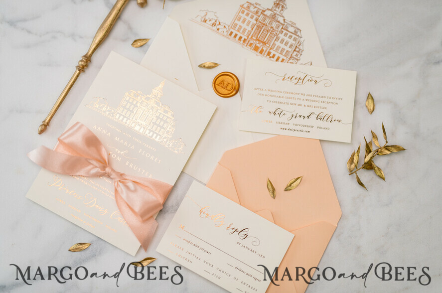 WEDDING INVITATIONS gold / rose gold / silver / glitter Wedding invitations handmade sketch with your venue