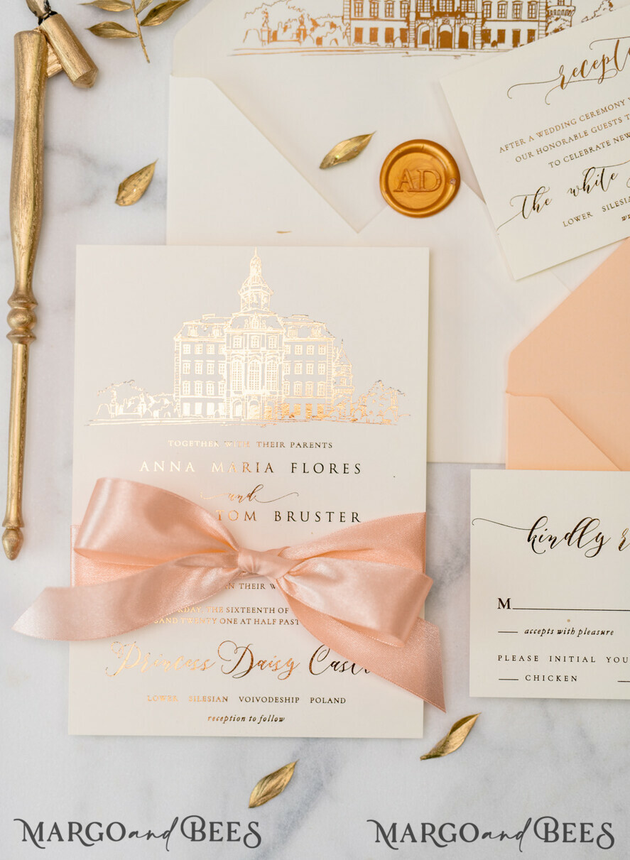 WEDDING INVITATIONS gold / rose gold / silver / glitter Wedding invitations handmade sketch with your venue