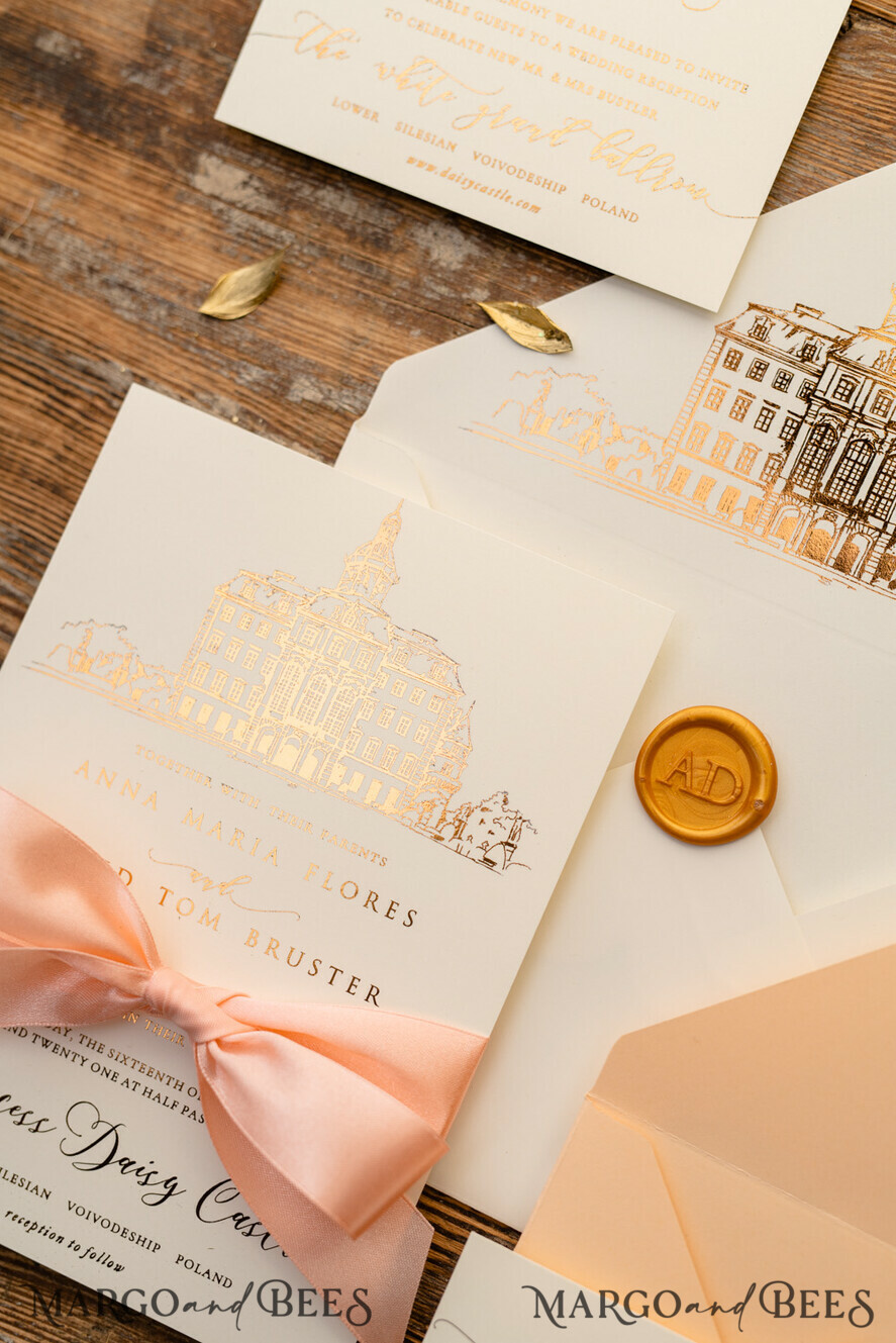 WEDDING INVITATIONS gold / rose gold / silver / glitter Wedding invitations handmade sketch with your venue