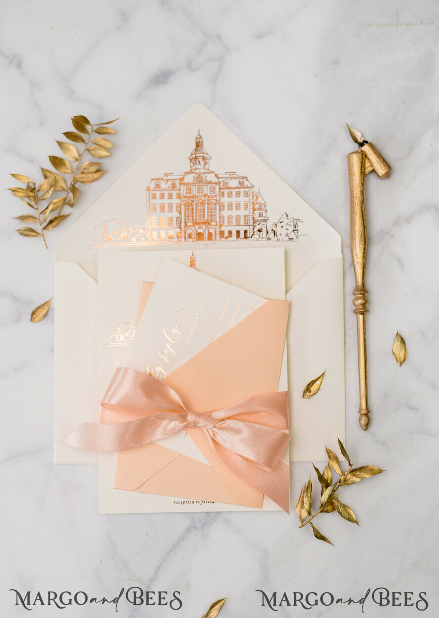 WEDDING INVITATIONS gold / rose gold / silver / glitter Wedding invitations handmade sketch with your venue