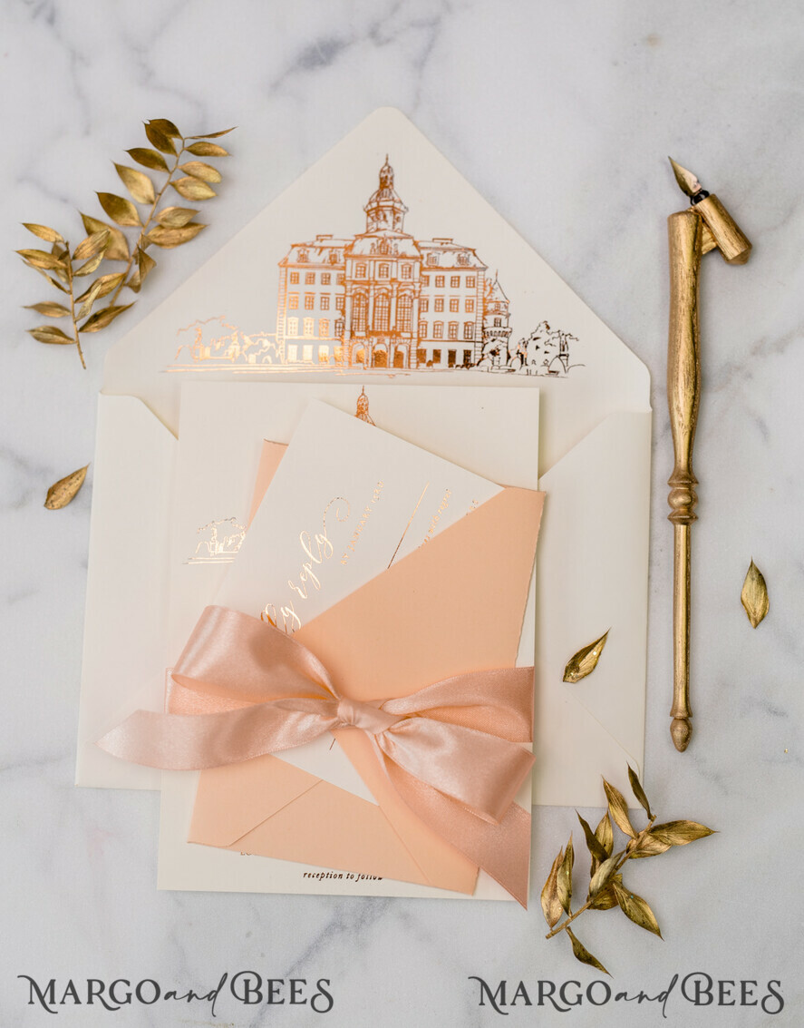 WEDDING INVITATIONS gold / rose gold / silver / glitter Wedding invitations handmade sketch with your venue