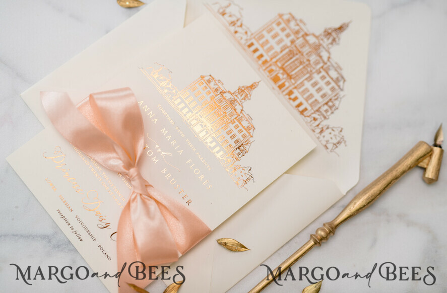 WEDDING INVITATIONS gold / rose gold / silver / glitter Wedding invitations handmade sketch with your venue