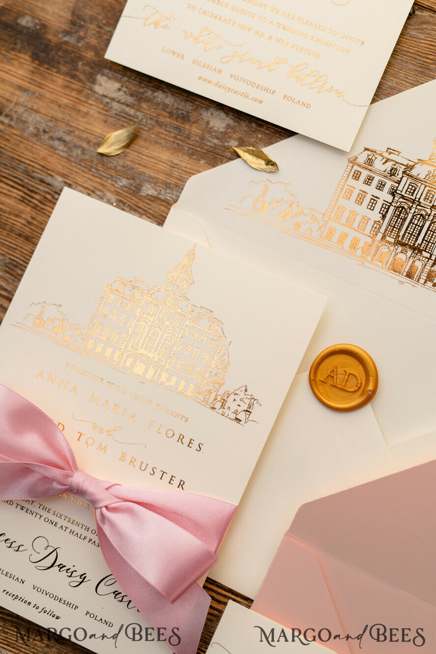 WEDDING INVITATIONS gold / rose gold / silver / glitter Luxury Gold Foil Wedding Invitations, Elegant Customized Venue Sketch Wedding Invites, Glamour Golden Shine Wedding Cards, Minimalistic Blush Pink Wedding Invitation Suite