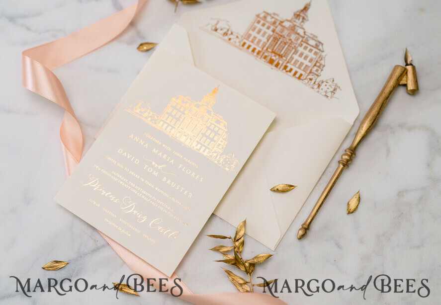 WEDDING INVITATIONS gold / rose gold / silver / glitter Wedding invitations handmade sketch with your venue
