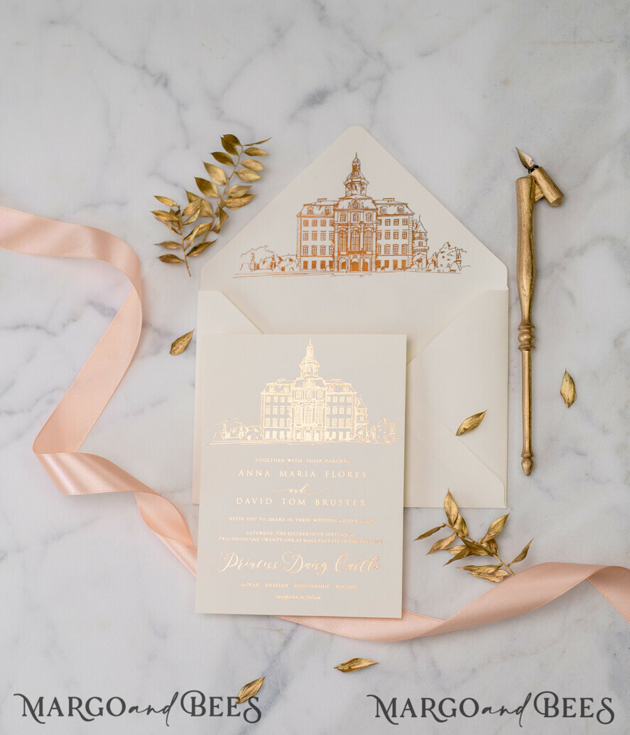 WEDDING INVITATIONS gold / rose gold / silver / glitter Wedding invitations handmade sketch with your venue