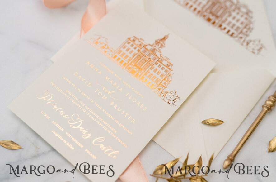 WEDDING INVITATIONS gold / rose gold / silver / glitter Wedding invitations handmade sketch with your venue