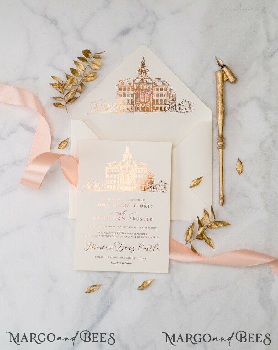 WEDDING INVITATIONS gold / rose gold / silver / glitter Wedding invitations handmade sketch with your venue