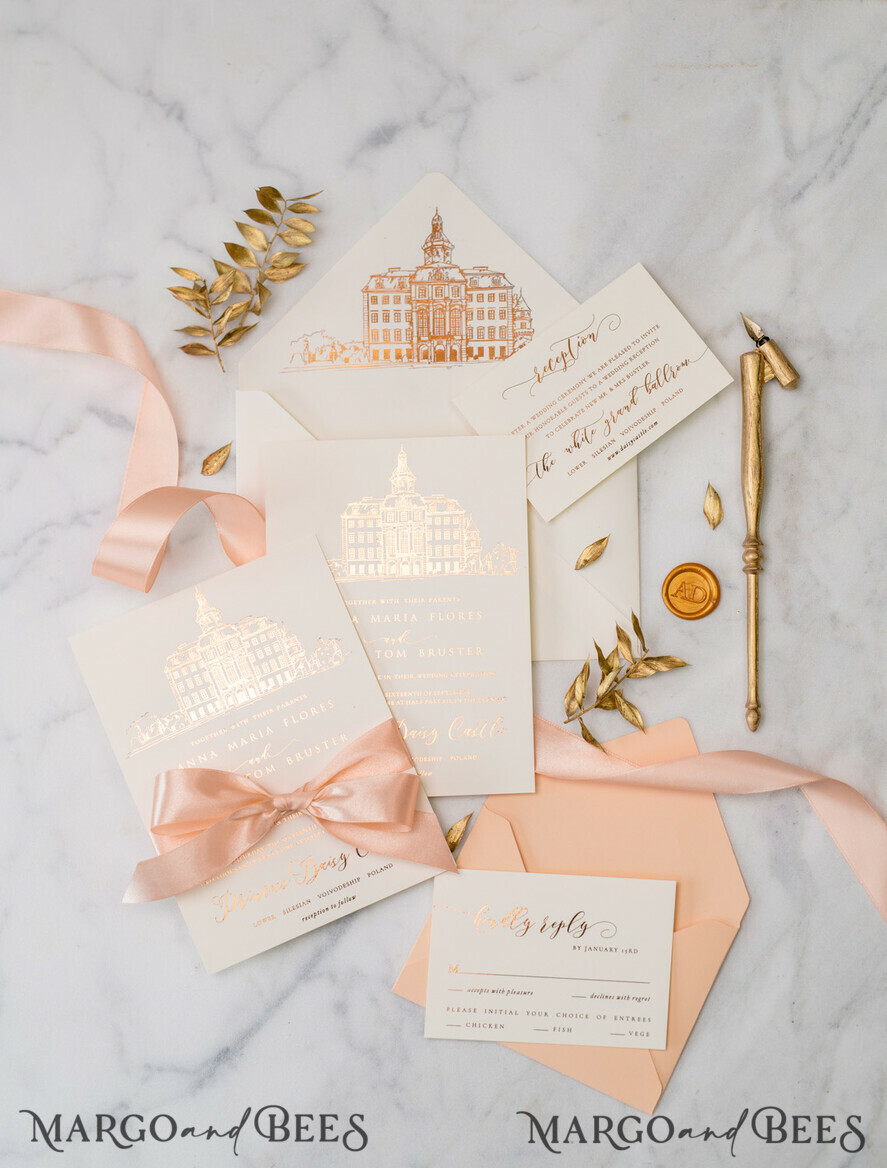 WEDDING INVITATIONS gold / rose gold / silver / glitter Wedding invitations handmade sketch with your venue