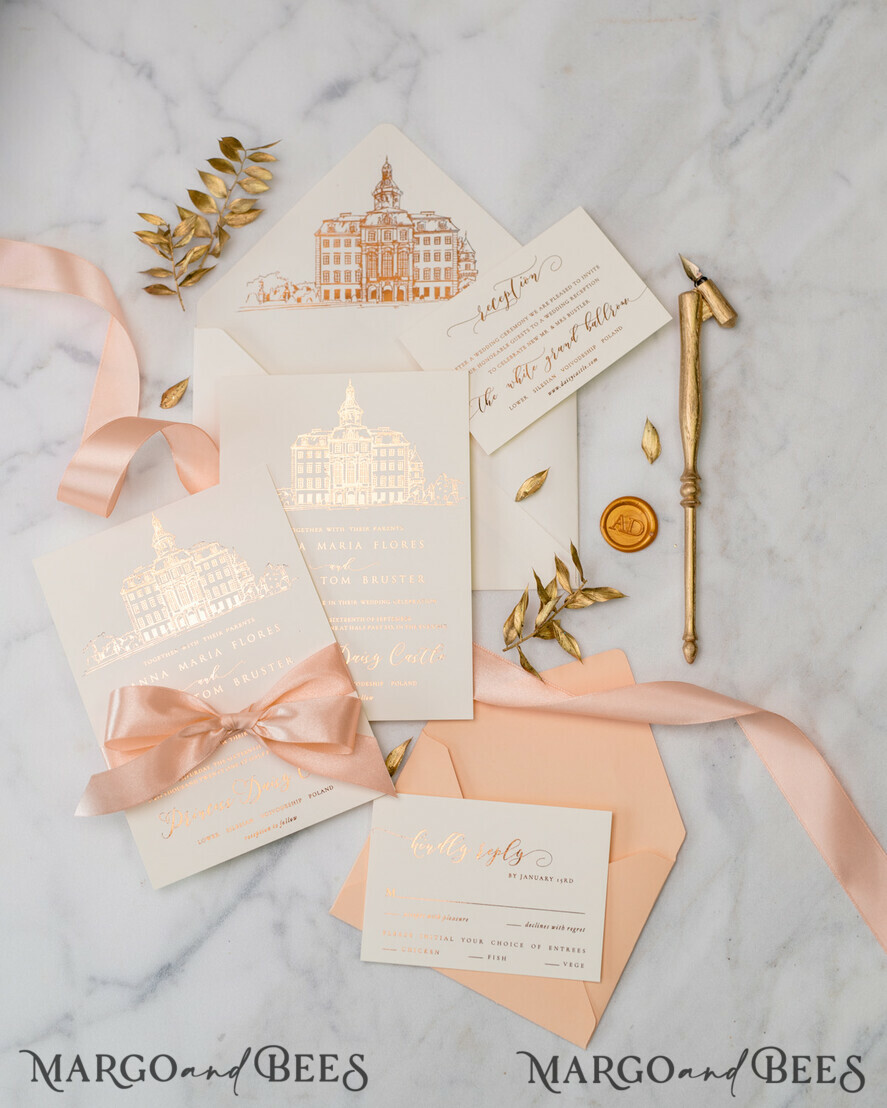 WEDDING INVITATIONS gold / rose gold / silver / glitter Wedding invitations handmade sketch with your venue