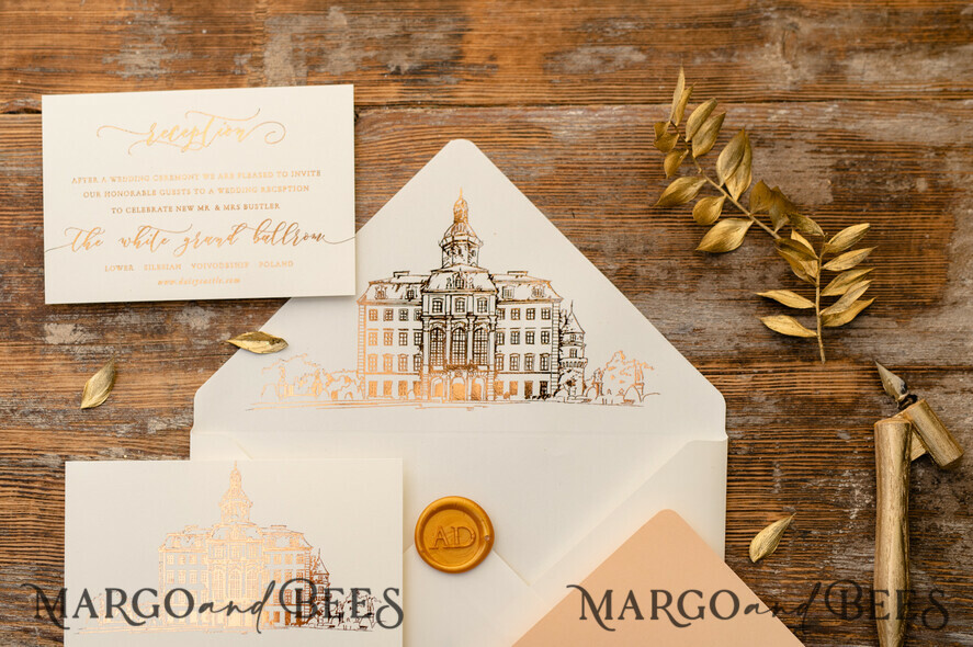 WEDDING INVITATIONS gold / rose gold / silver / glitter Wedding invitations handmade sketch with your venue